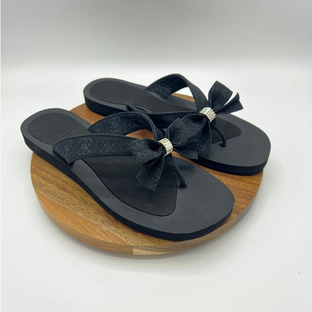 Guess Tuta Black Bow Rhinestone Thong Sandals Women's Size 9 New - Picture 2 of 9